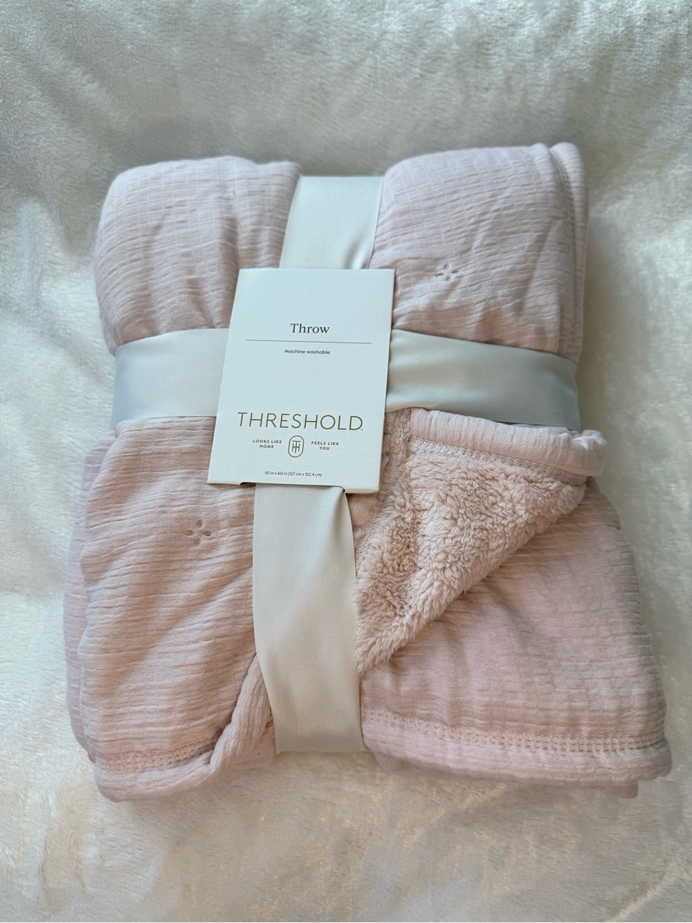 Threshold Soft Blush Plush Reversible Throw Blanket